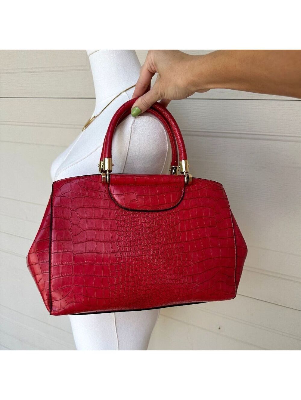 Y2K Red Croc Embossed Doctor Bag Satchel Top Handle Purse Gold Hardware
